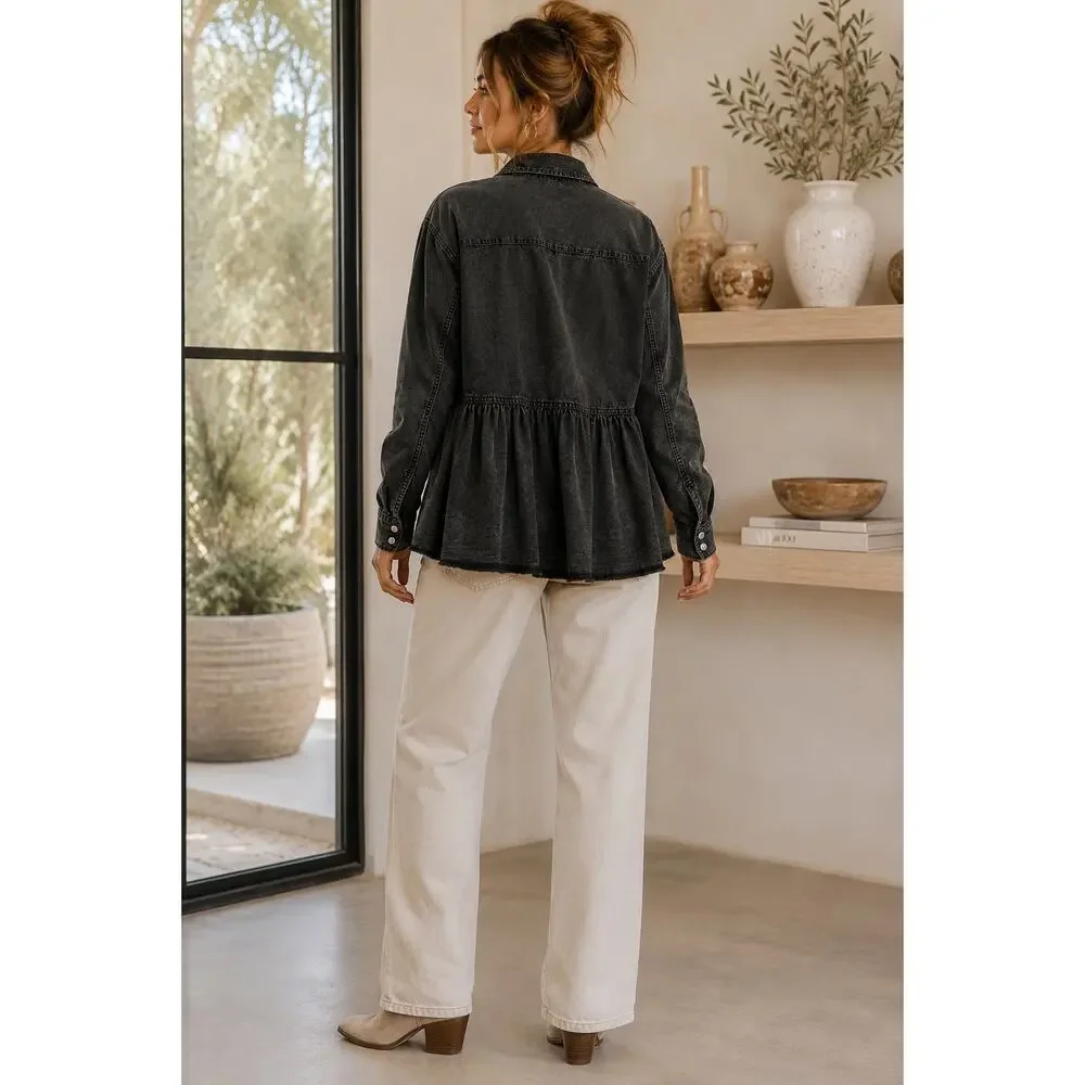 Free People We The Free Washed Black Oversized Peplum Denim Shacket Jacket XL